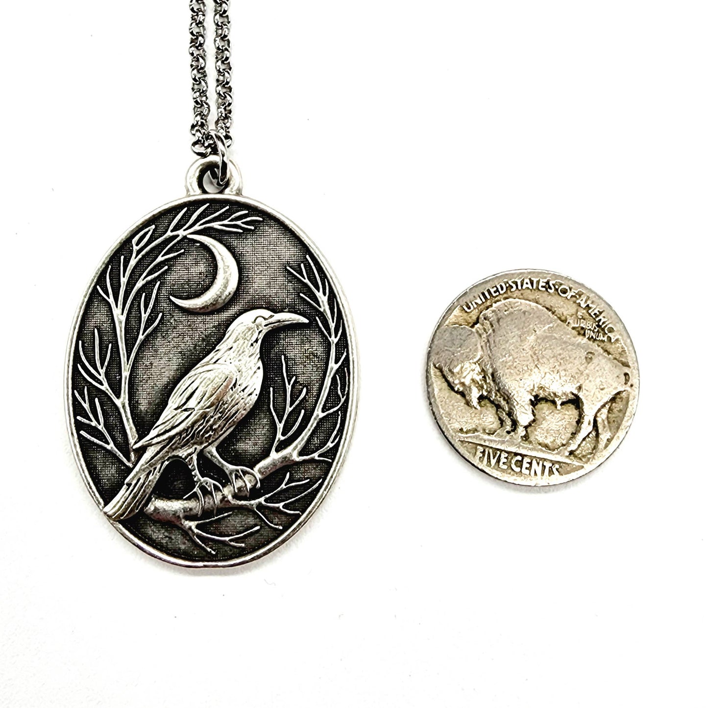 Raven and Crescent Moon Antique Silver Pendant Necklace