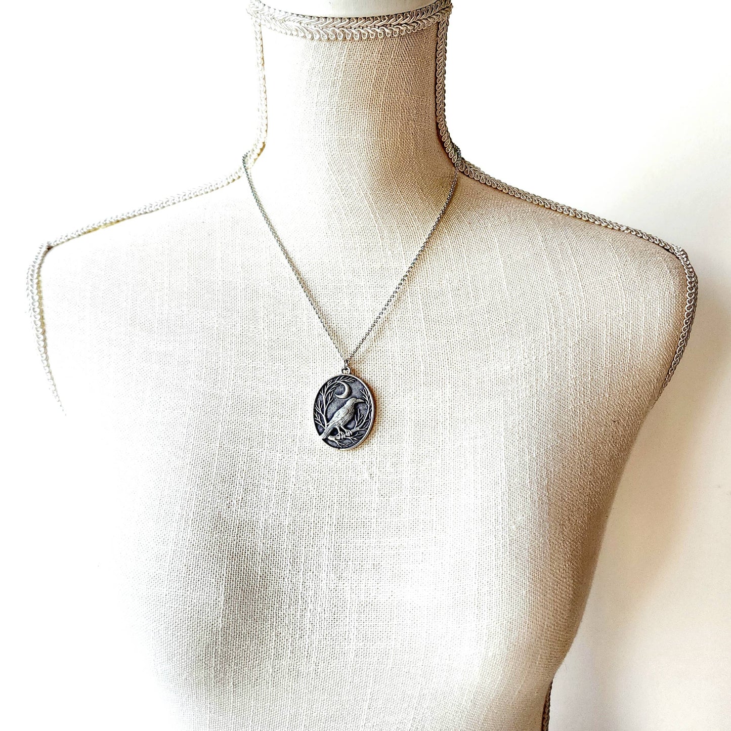 Raven and Crescent Moon Antique Silver Pendant Necklace