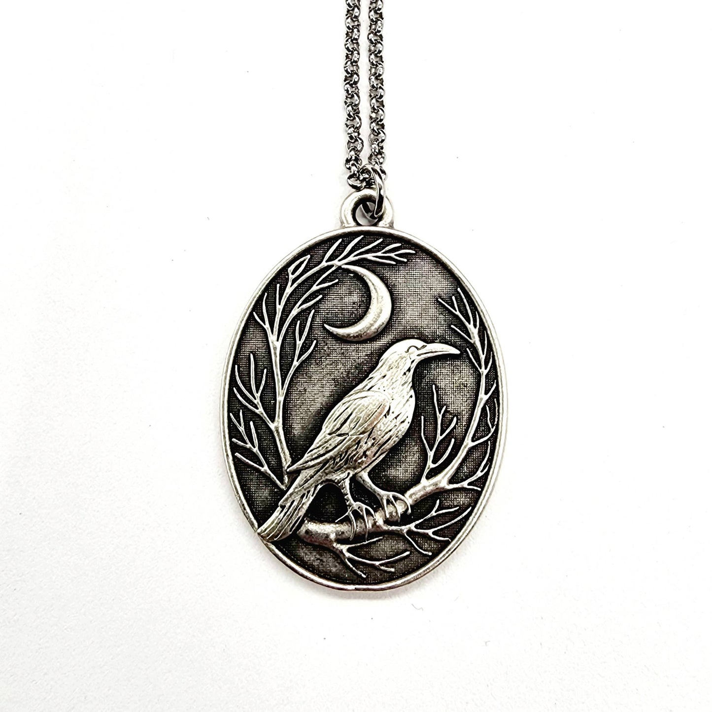 Raven and Crescent Moon Antique Silver Pendant Necklace