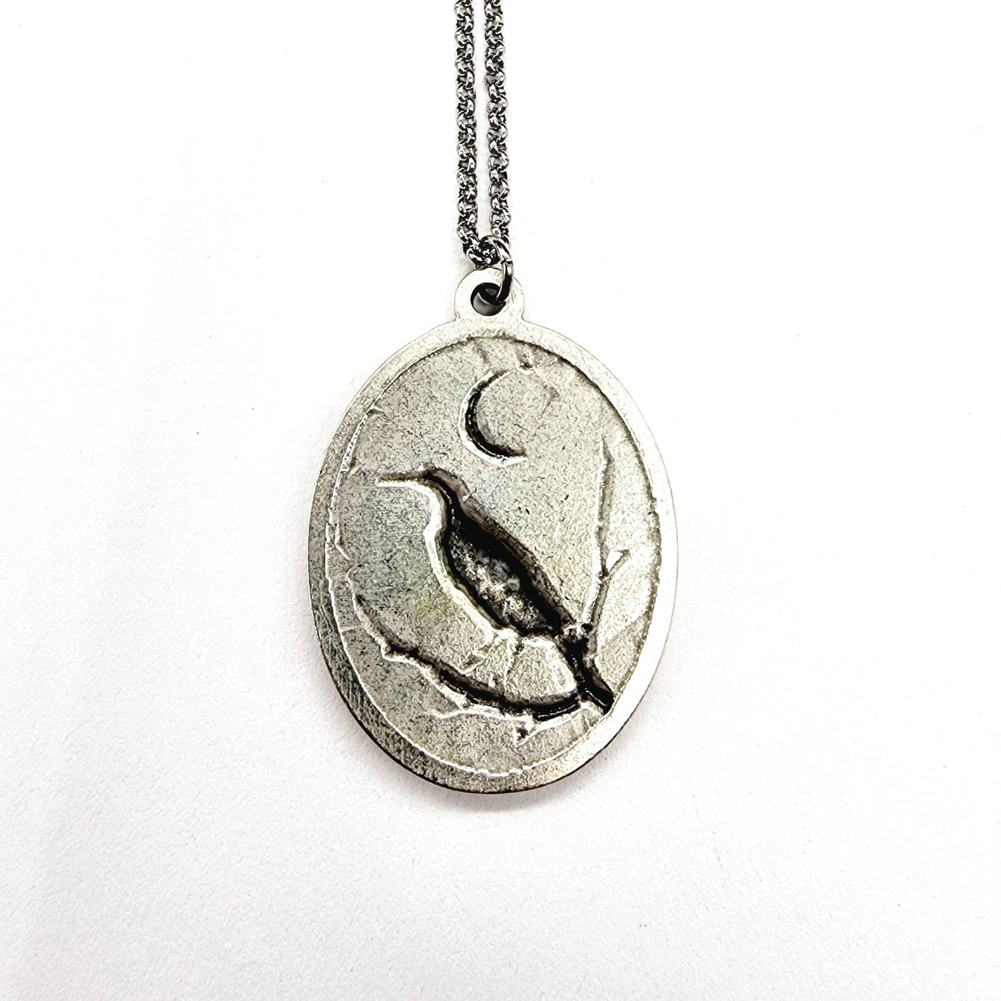 Raven and Crescent Moon Antique Silver Pendant Necklace
