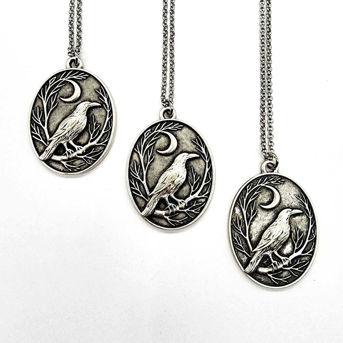 Raven and Crescent Moon Antique Silver Pendant Necklace