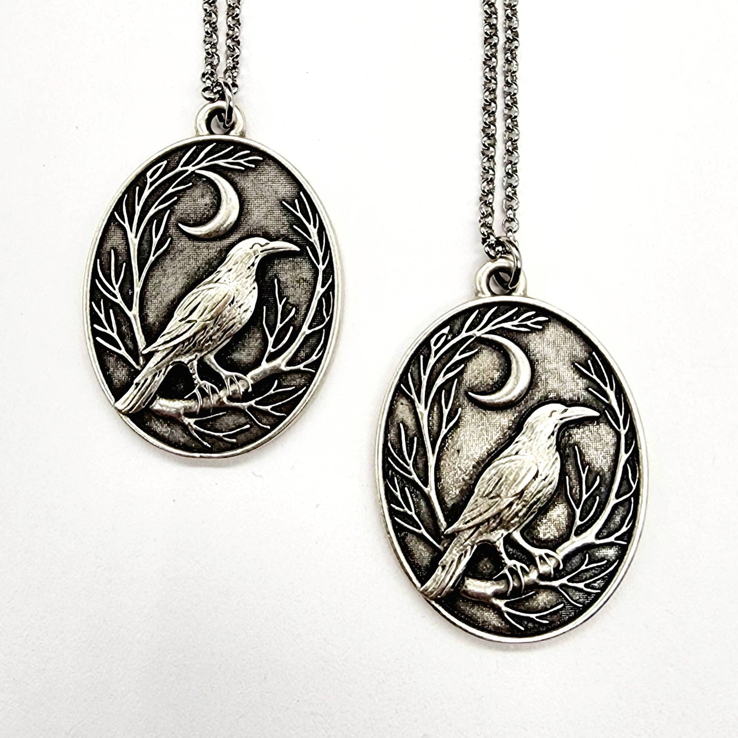 Raven and Crescent Moon Antique Silver Pendant Necklace