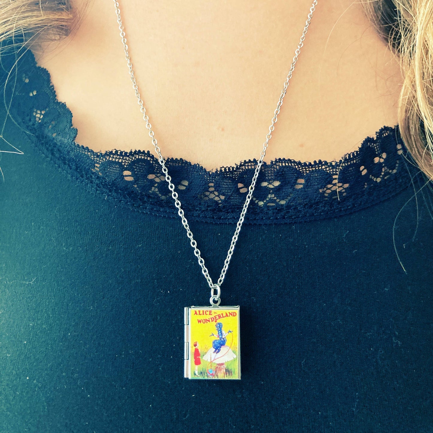 Book Locket Alice In Wonderland - Yellow with Caterpillar